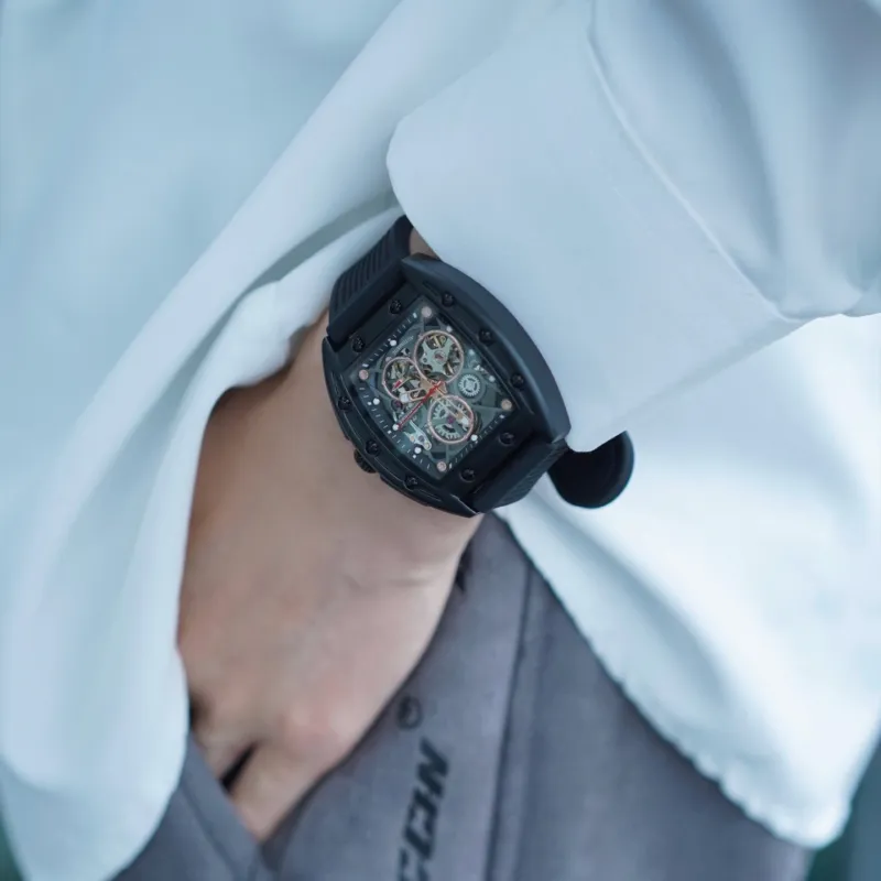 FAIRWHALE Pioneer Collection Black Men's Watch Automatic Mechanical Movement Silicone Strap Watch Unisex Cut Out Dial-35