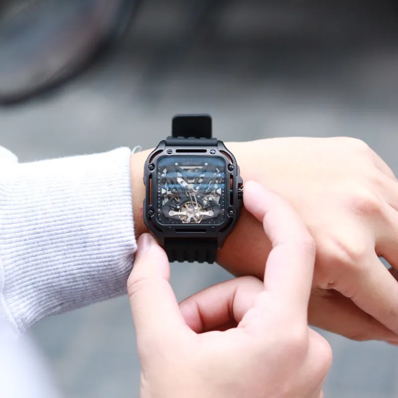FAIRWHALE Pioneer Collection Men's Watch Automatic Mechanical Movement Silicone Strap Watch Unisex Black Dial-6