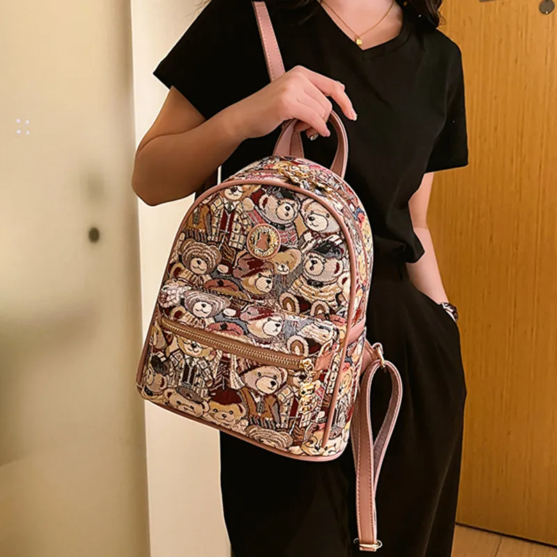North Pack Canvas Student Backpack Regular Women's Navy Blue/Pink/Brown-10
