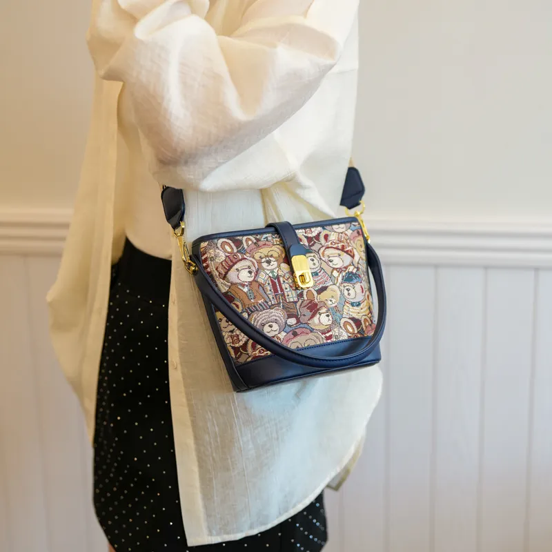 North Pack PU+Canvas Bag Handbag Shoulder Bag Crossbody Bag Medium Size Women's Blue/Pink/Brown-1