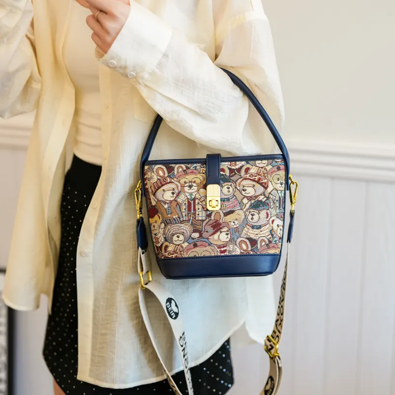 North Pack PU+Canvas Bag Handbag Shoulder Bag Crossbody Bag Medium Size Women's Blue/Pink/Brown-5