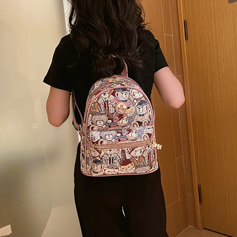 North Pack Canvas Student Backpack Regular Women's Navy Blue/Pink/Brown-8