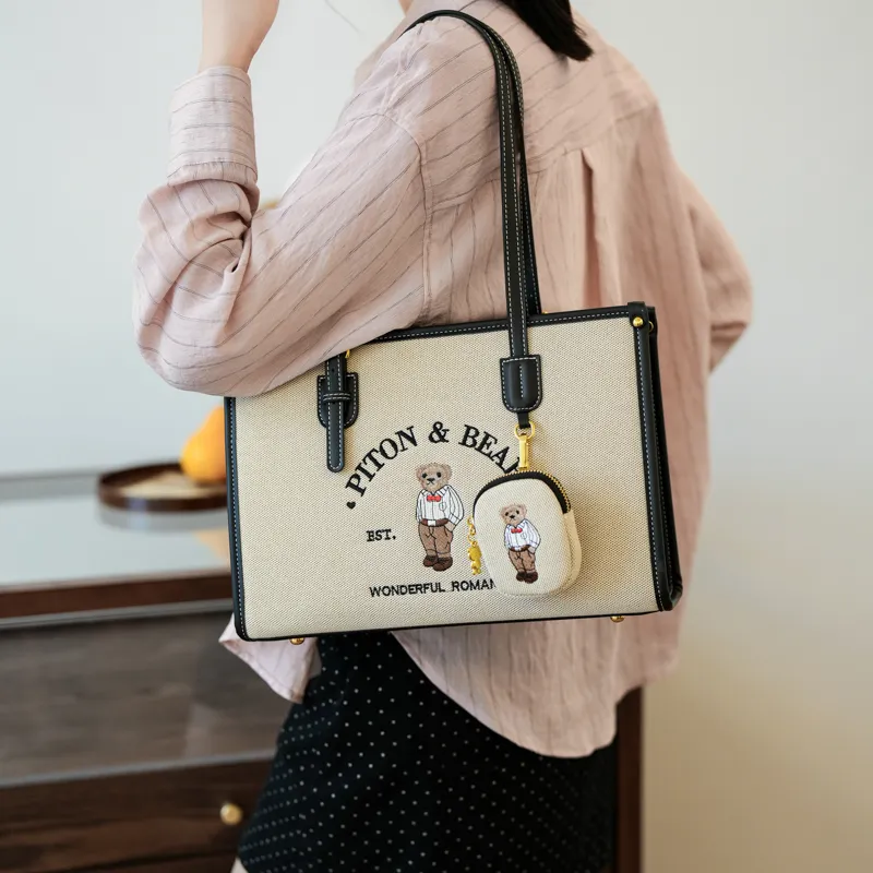 North Pack Fabric Tote Bag, Shopping Bag, Handbag, Shoulder Bag Women's Ecru/Khaki-4