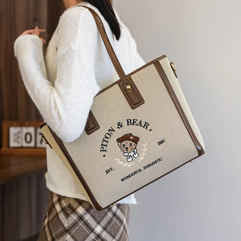 North Pack PU Stitched Canvas Shoulder Bag Women's Ecru/Khaki-5