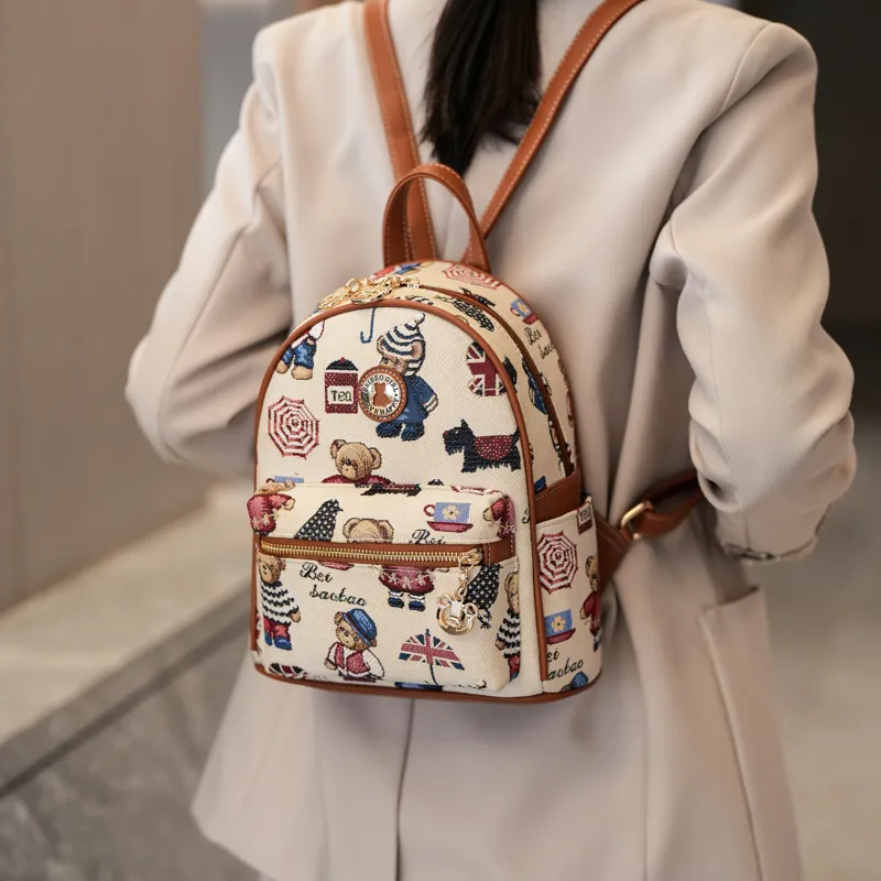 North Pack PU Stitched Canvas Backpack Women's Blue/Pink/Brown-2