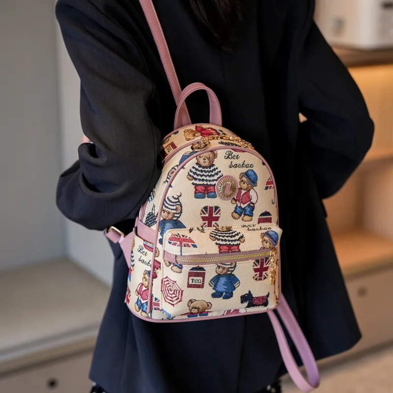 North Pack PU Stitched Canvas Backpack Women's Blue/Pink/Brown-5