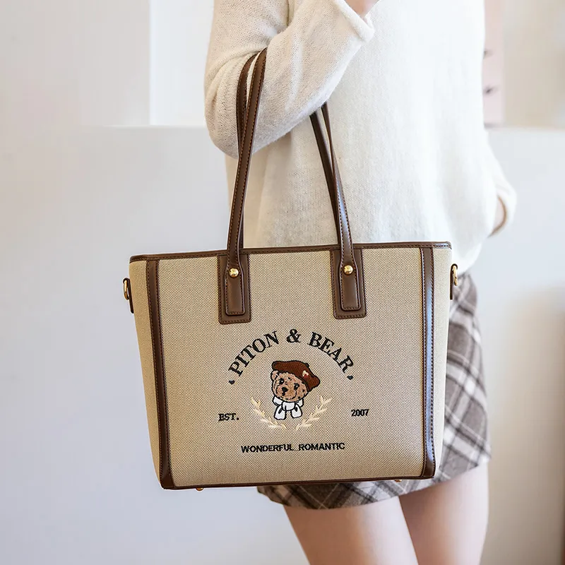 North Pack PU Stitched Canvas Shoulder Bag Women's Ecru/Khaki-3