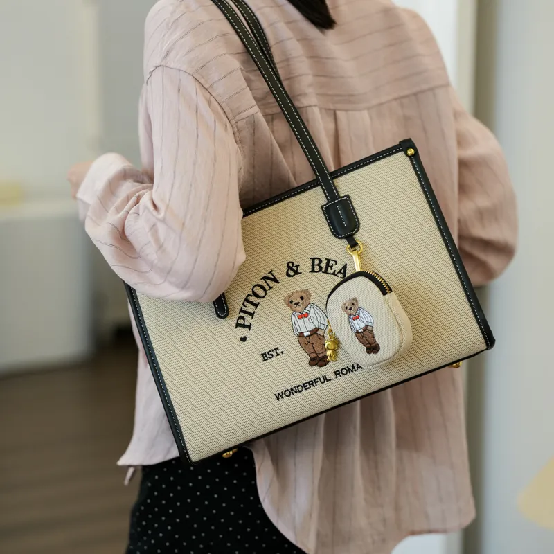 North Pack Fabric Tote Bag, Shopping Bag, Handbag, Shoulder Bag Women's Ecru/Khaki-1