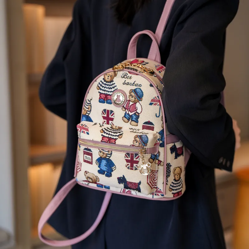 North Pack PU Stitched Canvas Backpack Women's Blue/Pink/Brown-6