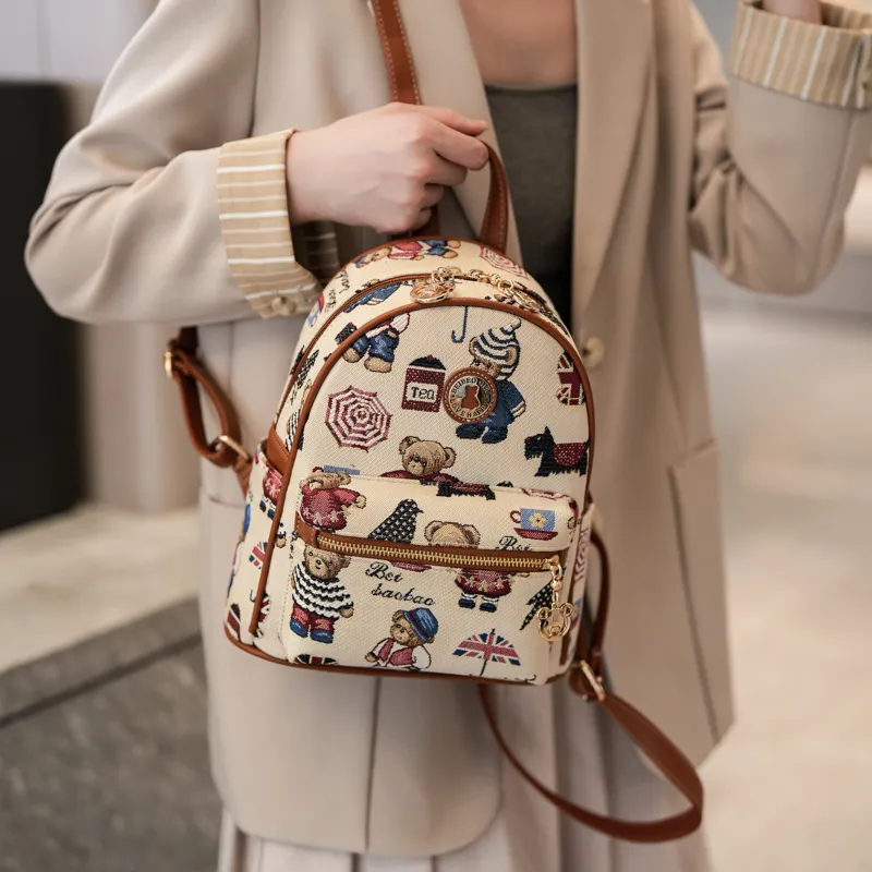 North Pack PU Stitched Canvas Backpack Women's Blue/Pink/Brown-1