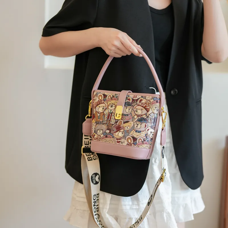 North Pack PU+Canvas Bag Handbag Shoulder Bag Crossbody Bag Medium Size Women's Blue/Pink/Brown-8
