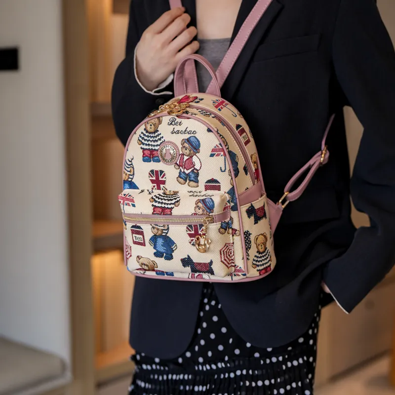 North Pack PU Stitched Canvas Backpack Women's Blue/Pink/Brown-7