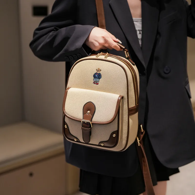 North Pack Fabric Backpack Regular Women's Khaki/Ecru & Brown/Ecru & Black-8