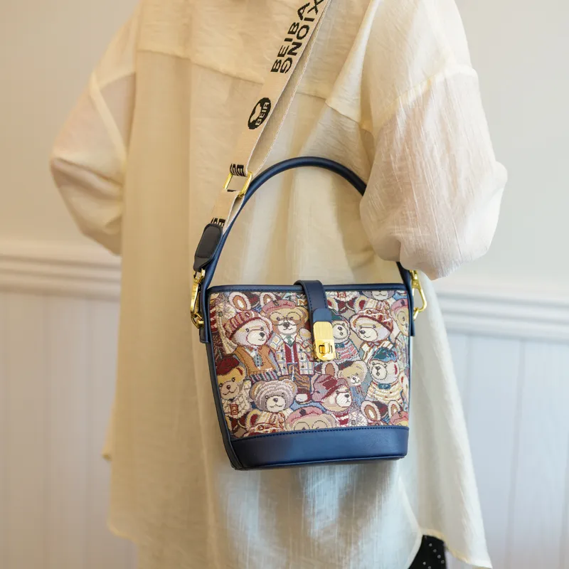 North Pack PU+Canvas Bag Handbag Shoulder Bag Crossbody Bag Medium Size Women's Blue/Pink/Brown-4
