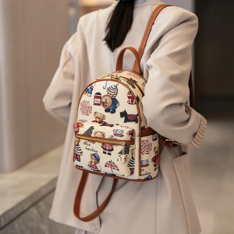 North Pack PU Stitched Canvas Backpack Women's Blue/Pink/Brown-3