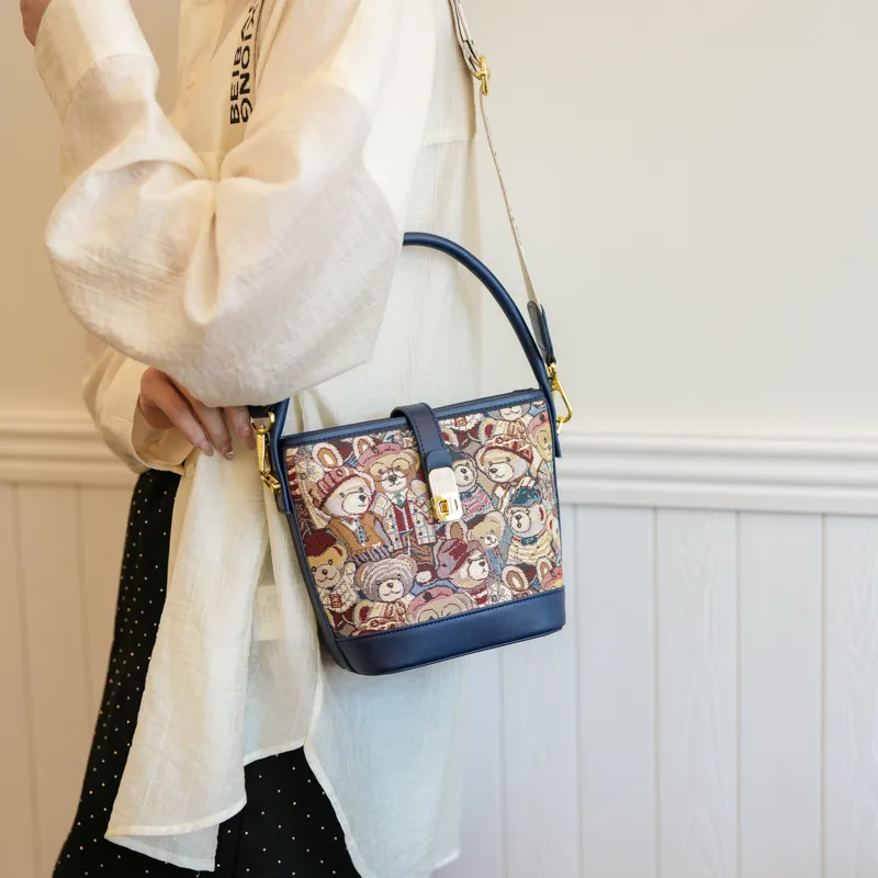 North Pack PU+Canvas Bag Handbag Shoulder Bag Crossbody Bag Medium Size Women's Blue/Pink/Brown-3