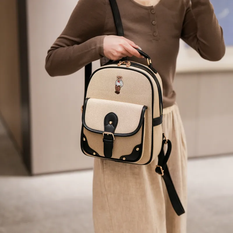 North Pack Fabric Backpack Regular Women's Khaki/Ecru & Brown/Ecru & Black-16