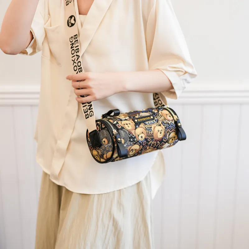 North Pack PU+Canvas Crossbody Bag Regular Women's Midnight Black/Beige Apricot-3