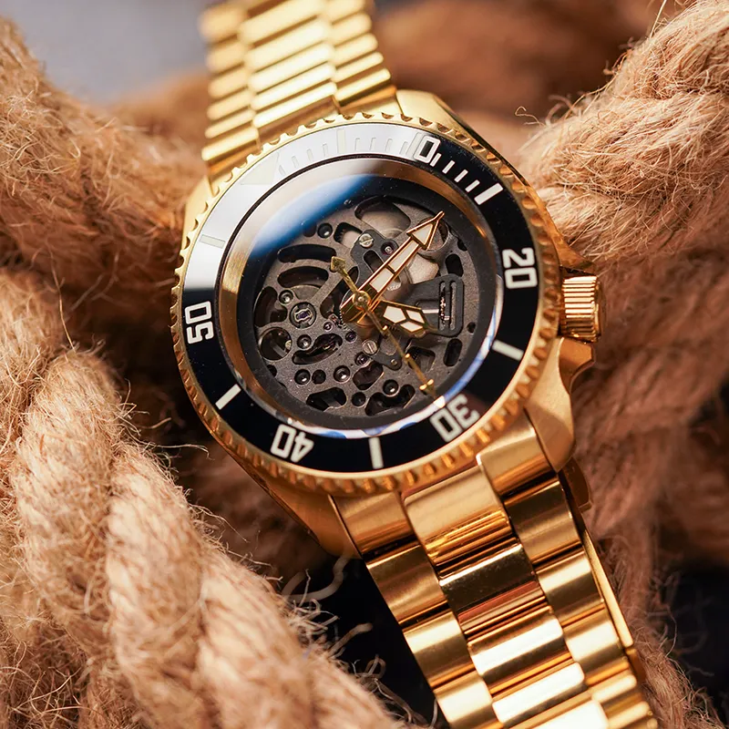 VENCREW Golden Spiked Lotus Automatic Mechanical Movement Watch Men's Watches Cut Out Dial-5