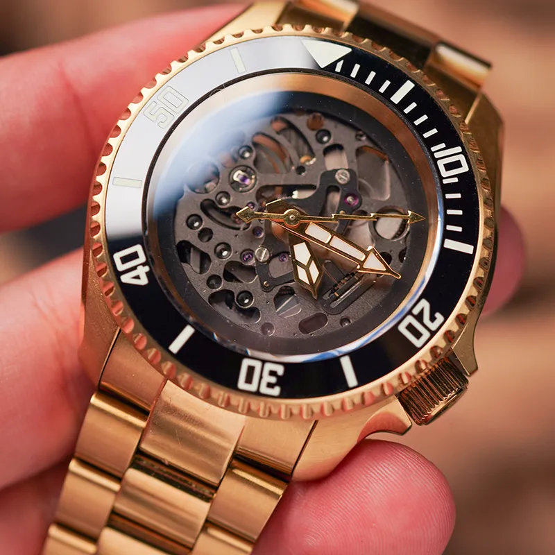 VENCREW Golden Spiked Lotus Automatic Mechanical Movement Watch Men's Watches Cut Out Dial-1