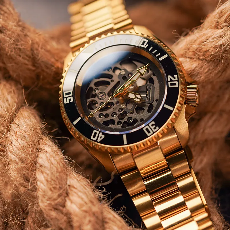 VENCREW Golden Spiked Lotus Automatic Mechanical Movement Watch Men's Watches Cut Out Dial-3