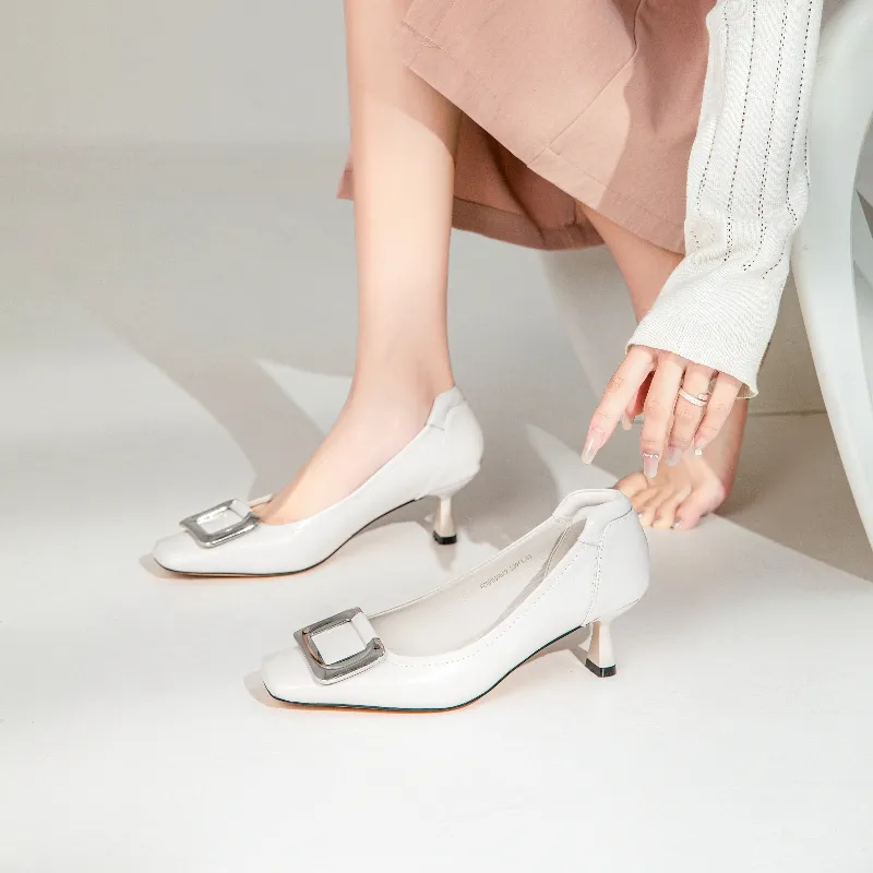 BAFFN Flared Heel High Heels 5.5CM Women's White-2