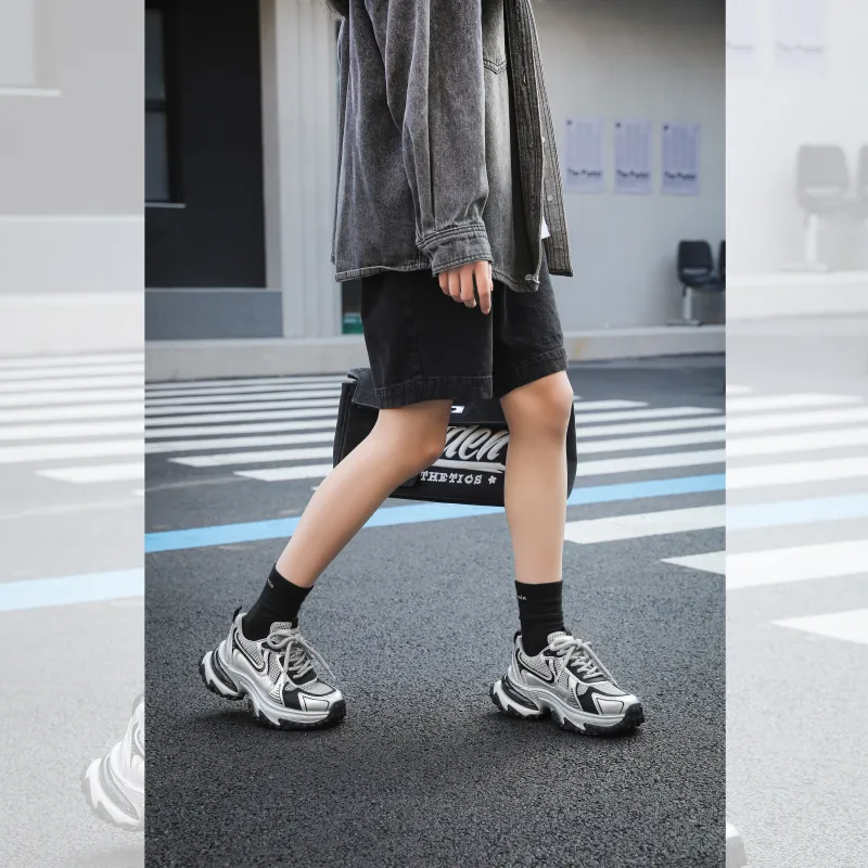 BAFFN Slip Resistant Breathable Height Increasing Low Top Chunky Sneakers Women's Silver-4