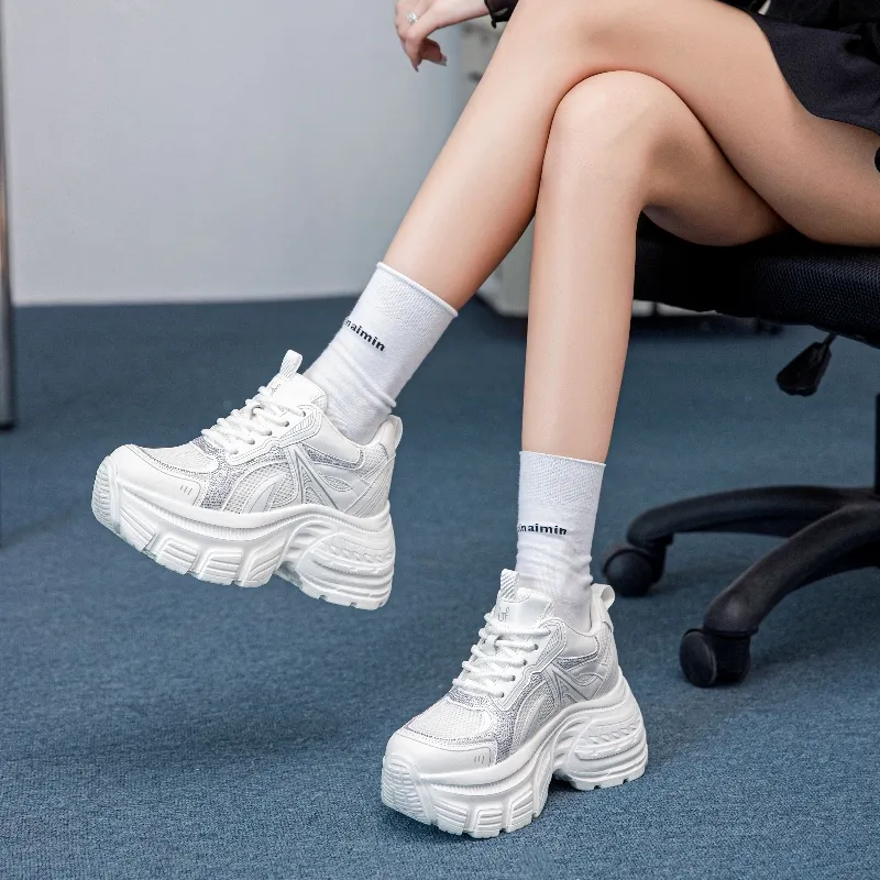 BAFFN Lightweight, Height Increasing, And Breathable Low Top Chunky Sneakers Women's White-5