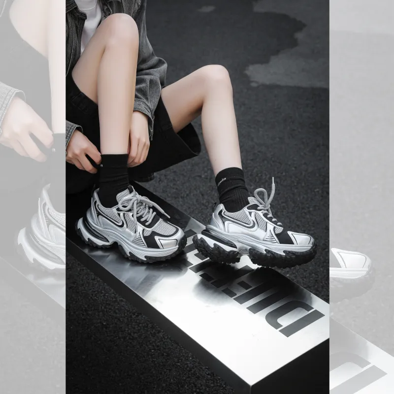 BAFFN Slip Resistant Breathable Height Increasing Low Top Chunky Sneakers Women's Silver-3