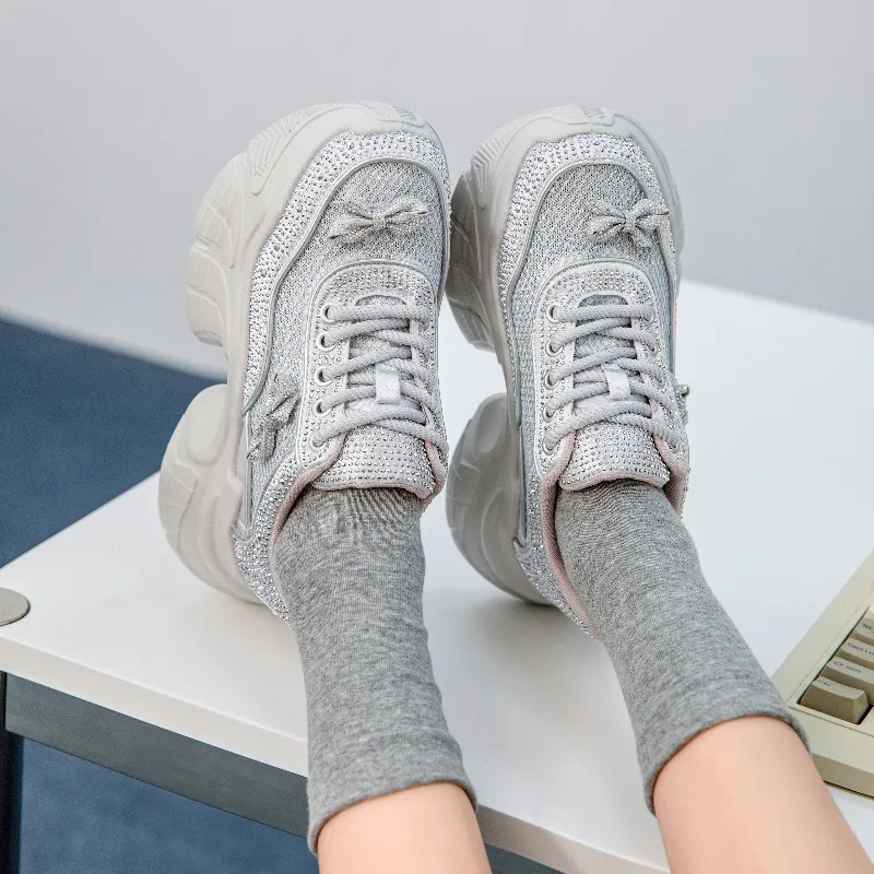 BAFFN Slip Resistant, Breathable, Height Increasing Low Top Chunky Sneakers Women's Silver-3
