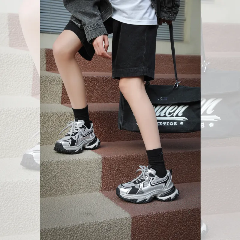 BAFFN Slip Resistant Breathable Height Increasing Low Top Chunky Sneakers Women's Silver-2