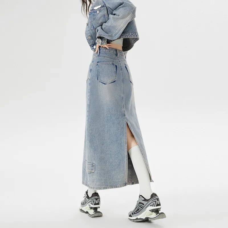 EPTISON WOMAN Denim Long Skirts Women's Vintage Denim Blue-3
