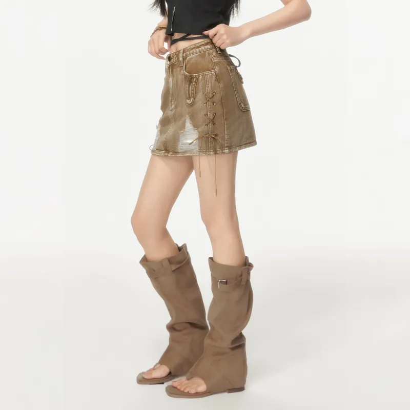 EPTISON WOMAN Denim Short Skirts Women's Vintage Brown Yellow-3