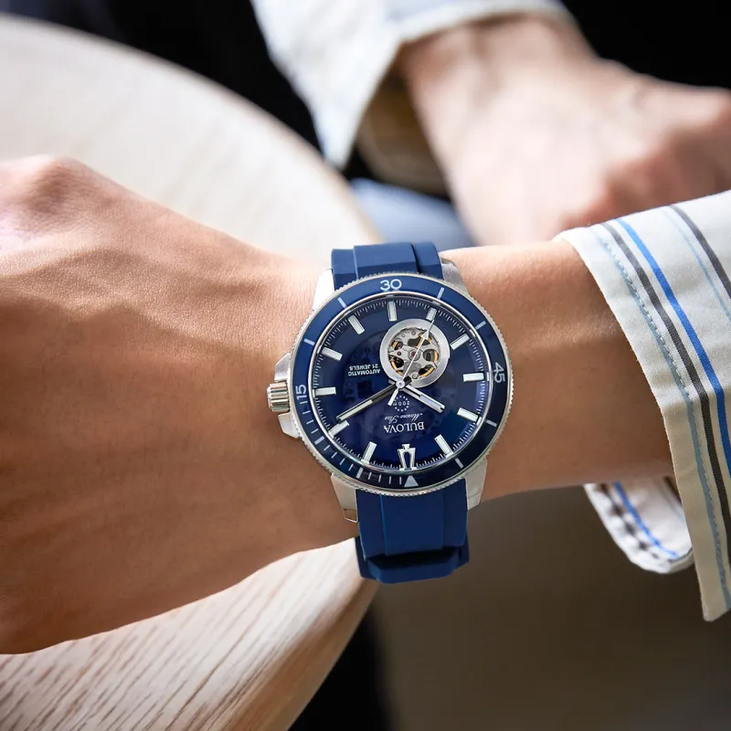 BULOVA Ocean Star Collection Wrist Watch Mechanical Movement Rubber Strap Blue Dial Men's Watches 96A303-4