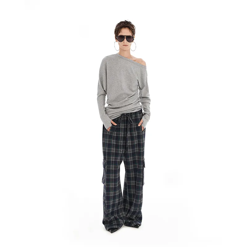 NUTH Casual Pants Women's Blue Green Plaid-2