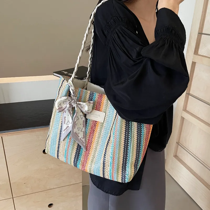 Elsvet Straw Woven Shoulder Bag Regular Women's White/Coffee/Khaki-1