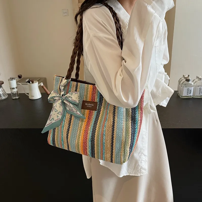 Elsvet Straw Woven Shoulder Bag Regular Women's White/Coffee/Khaki-14