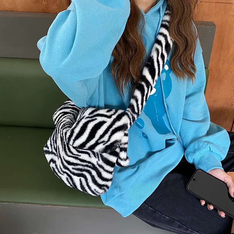 Elsvet Plush Crossbody Shoulder Bag Small Size Large Size Women's Plush Zebra Print-3