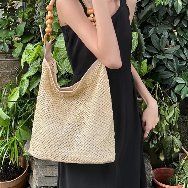 Elsvet Straw Shoulder Bag Women's Khaki/Black-4