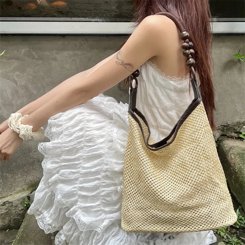 Elsvet Straw Shoulder Bag Women's Khaki/Black-12