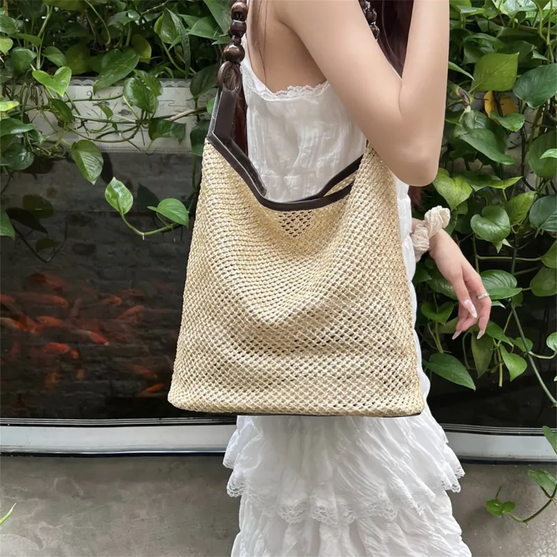 Elsvet Straw Shoulder Bag Women's Khaki/Black-7