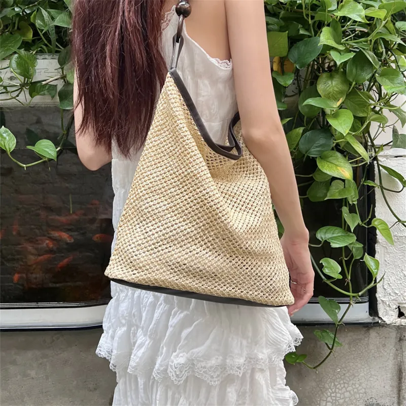 Elsvet Straw Shoulder Bag Women's Khaki/Black-9
