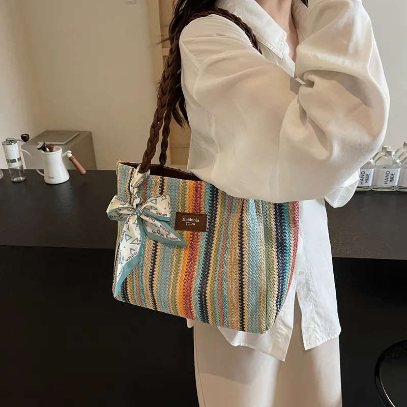 Elsvet Straw Woven Shoulder Bag Regular Women's White/Coffee/Khaki-12