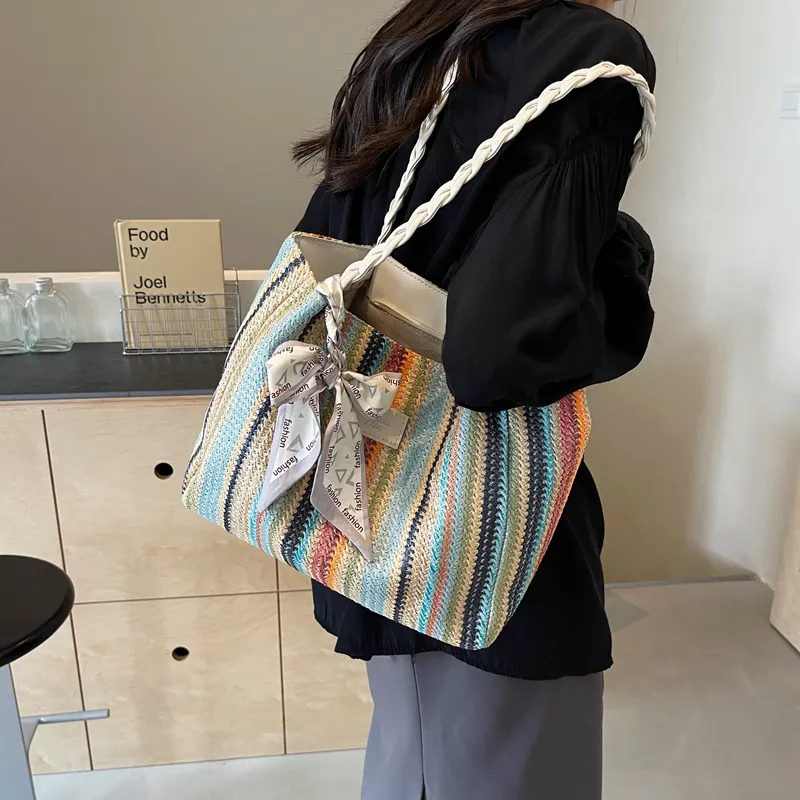 Elsvet Straw Woven Shoulder Bag Regular Women's White/Coffee/Khaki-2