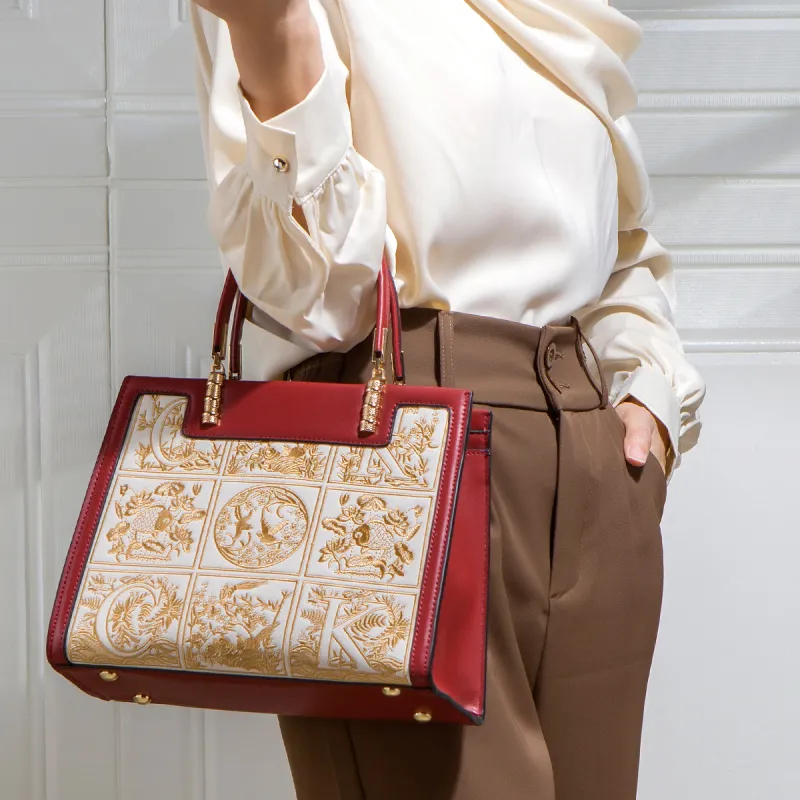 Elsvet PU Handbag Regular Women's Jacquard Red/Embroidery White-5