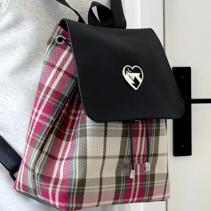 Elsvet Canvas Backpack Regular Women's Pink Plaid/Green Plaid-2