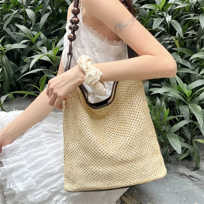 Elsvet Straw Shoulder Bag Women's Khaki/Black-2