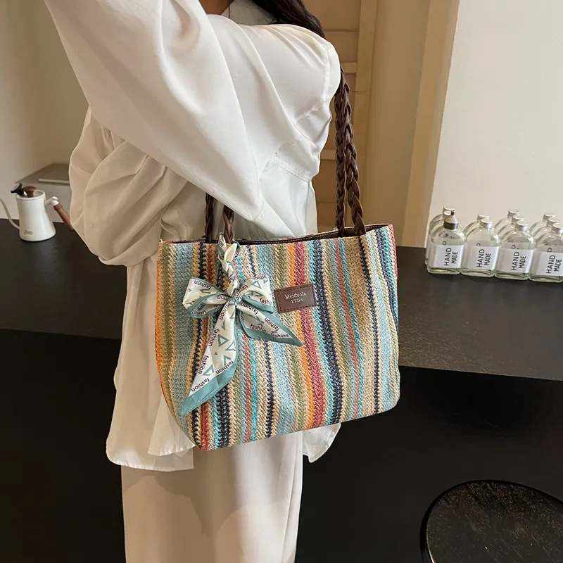 Elsvet Straw Woven Shoulder Bag Regular Women's White/Coffee/Khaki-11