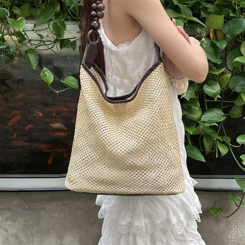 Elsvet Straw Shoulder Bag Women's Khaki/Black-10