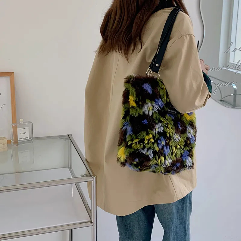 Elsvet Faux Fur Tote Bag Shopping Bag Shoulder Bags Regular Women's Oil Paint Colors-3